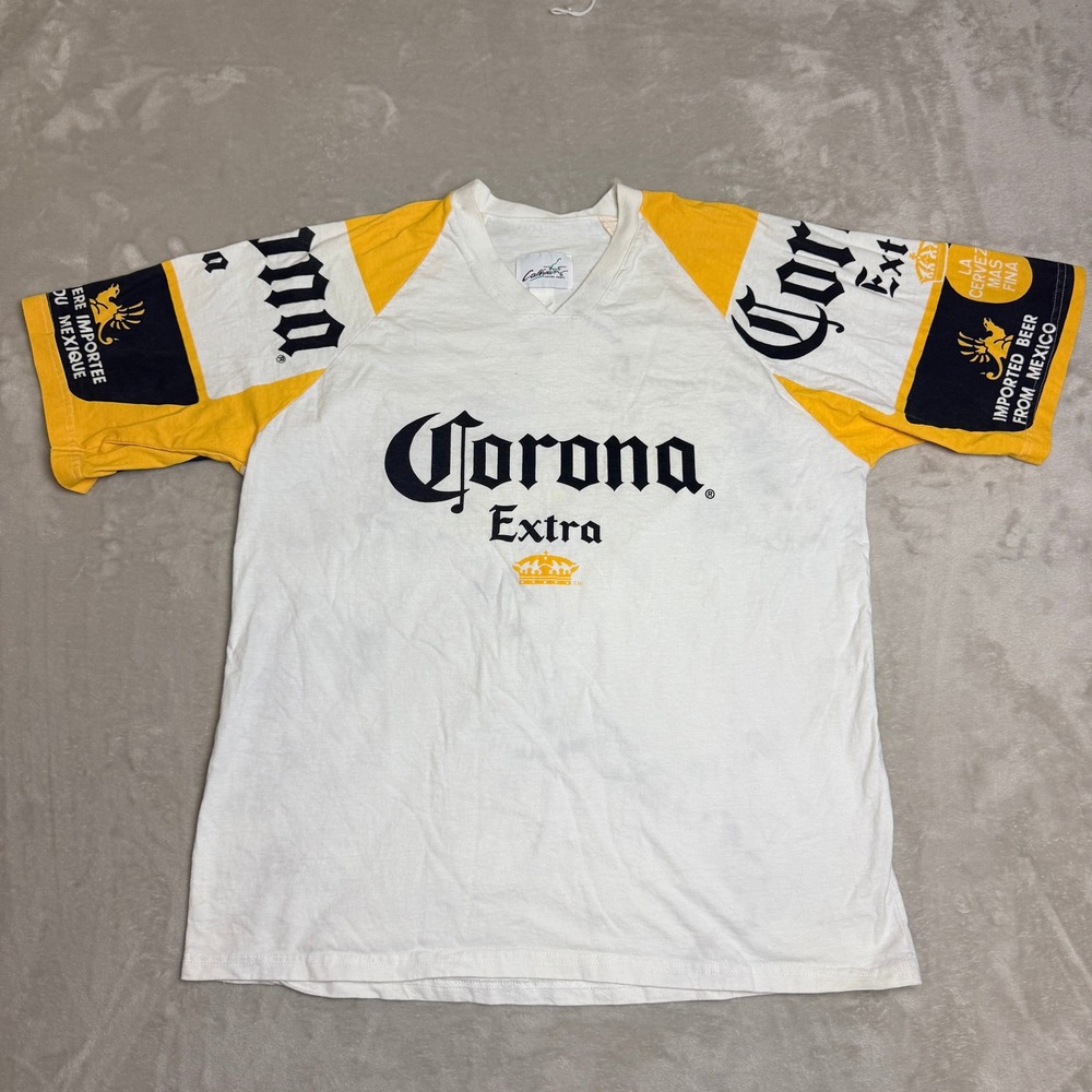 VTG 90s Calhoun Corona Extra T-Shirt Men XL White Yellow Graphic Raglan Beer 90s
